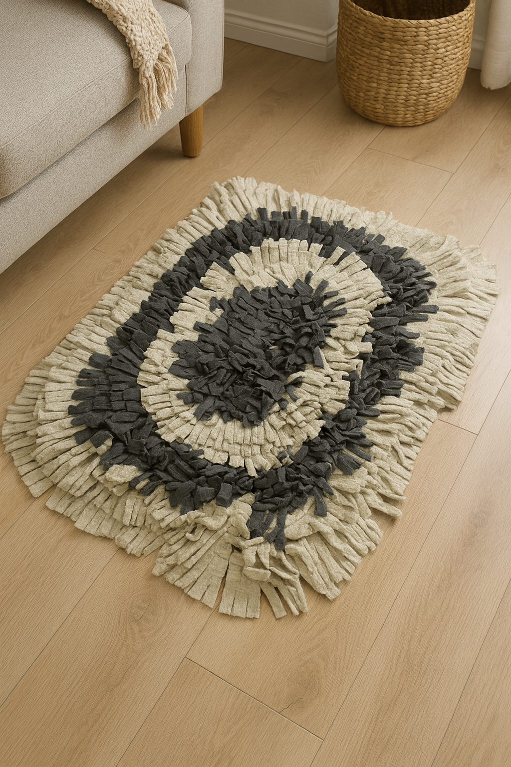 Handmade Shaggy Rag Rug – Charcoal Gray & Cream | Cozy Accent Mat
