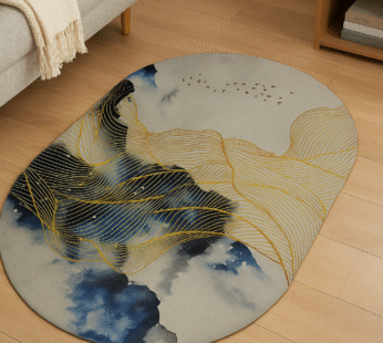 Modern Abstract Oval Rug – Blue, Gold & Cloud Gray | Artistic Floor Accent