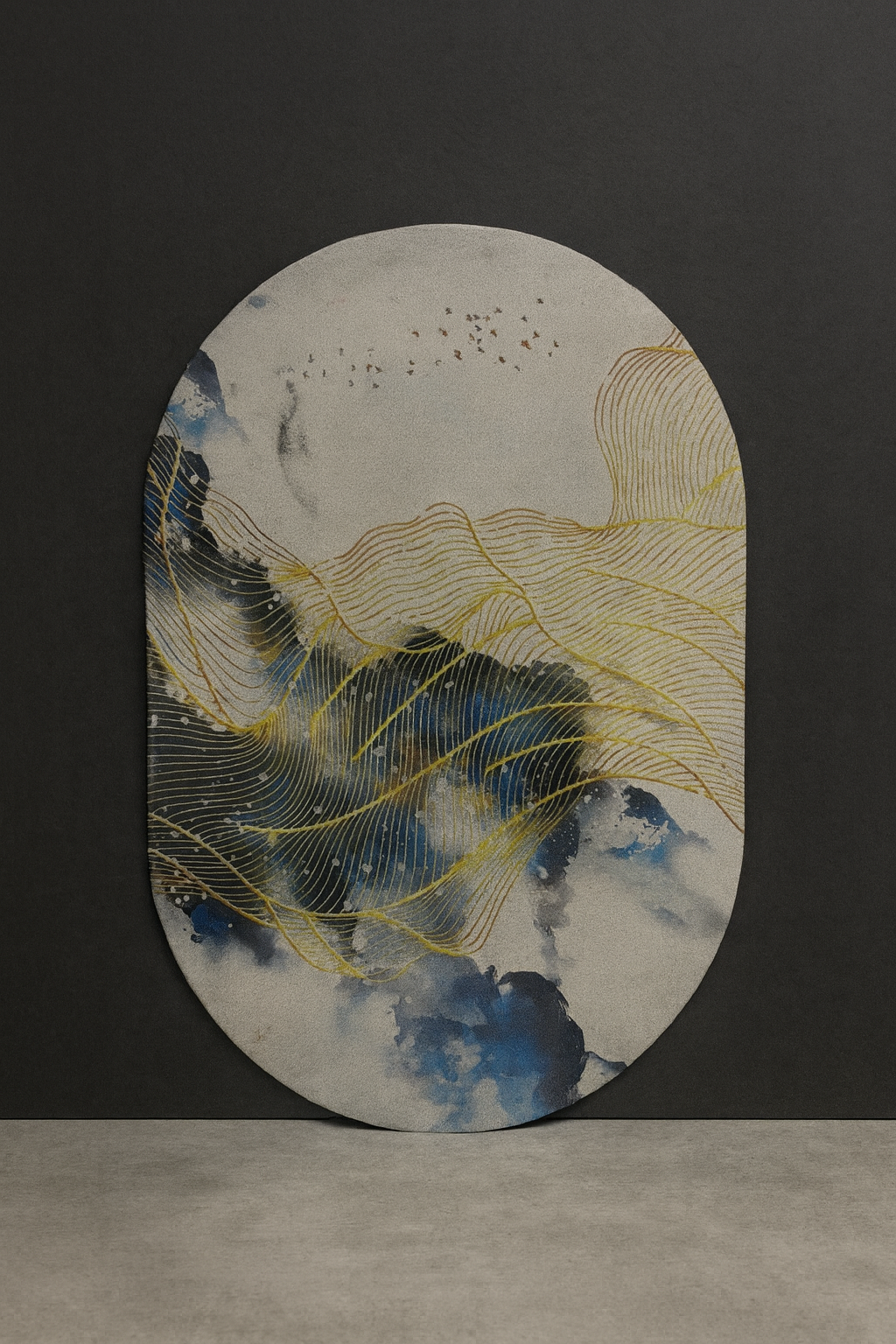 Modern Abstract Oval Rug β Blue, Gold & Cloud Gray | Artistic Floor Accent - Image 2